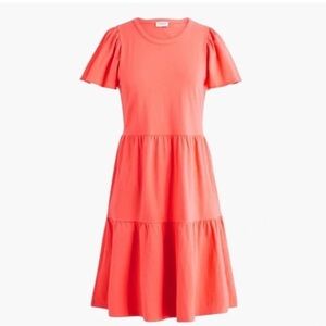 J. Crew Tiered Knit Flutter-Sleeve Deep Coral Mini Dress Teacher Flowy Swing